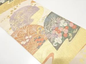 アンティーク　平井機業製　山並に菊・秋草・流水模様織り出し袋帯（材料）